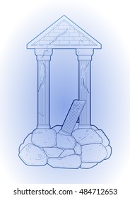 Graphic half-ruined architecture with column drawn in line art style. Ancient building isolated on the white background in blue colors.