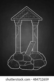 Graphic half-ruined architecture with column drawn in line art style. Ancient building isolated on the chalkboard