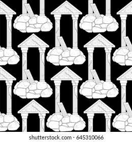 Graphic half-ruined architecture with column drawn in line art style. Vector seamless pattern. Coloring book page design for adults and kids.