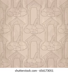 Graphic half-ruined architecture with column drawn in line art style. Vector seamless pattern