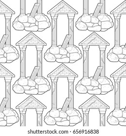 Graphic half-ruined architecture with column drawn in line art style. Vector seamless pattern. Coloring book page design for adults and kids.