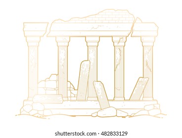 Graphic half-ruined architecture with column in line art style. Ancient building isolated on the white background in golden colors.