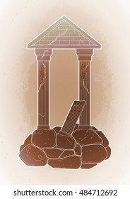 Graphic half-ruined architecture with column in line art style. Ancient building isolated on the vintage background in ocher colors.