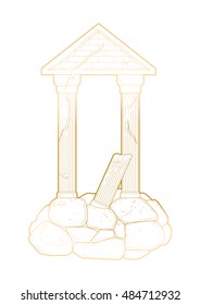 Graphic half-ruined architecture with column in line art style. Ancient building isolated on the white background in golden colors.