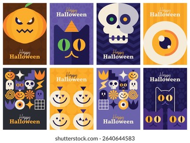 Graphic Halloween poster collection with cats, Jack-o’-lanterns, skulls and abstract icons