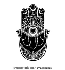 Graphic hamsa hand traditional abstract  isolated in white background.Boho indian shape.Ethnic oriental style.vector illustration.