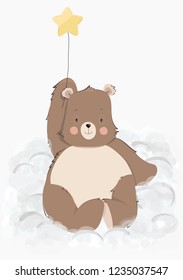 Graphic hand drawing bear on cloud with a star greeting card design, decor for nursery baby room. Vector illustration of cute fluffy bear isolated on white background. Wallpaper, apparel, invitation.