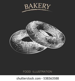 Graphic Hand Drawn Bagel. Bakery Sketch Vector Illustrator. Retro Style