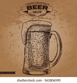 Graphic hand drawn beer iisolated on shabby background. Sketch elements for oktoberfest festival. Retro hand-drawn vector illustration