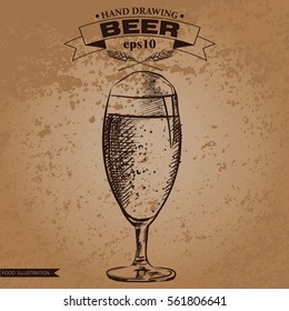 Graphic hand drawn beer iisolated on shabby background. Sketch elements for oktoberfest festival. Retro hand-drawn vector illustration