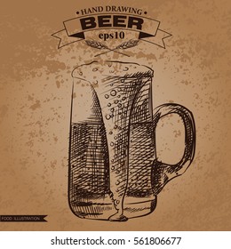 Graphic hand drawn beer iisolated on shabby background. Sketch elements for oktoberfest festival. Retro hand-drawn vector illustration