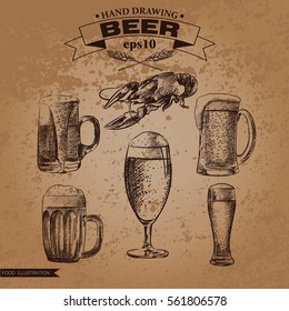 Graphic hand drawn beer set with hop and lobster isolated on shabby background. Sketch elements for oktoberfest festival. Retro hand-drawn vector illustration