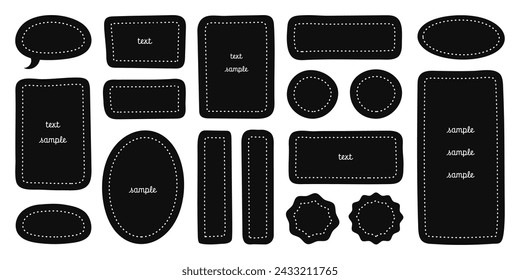 Graphic hand drawn black frames with white strokes, backgrounds for texts, backdrop stickers and labels. Vector illustration, design element set.