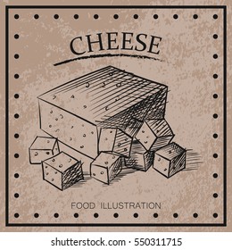 Graphic hand drawn cheese isolated on shabby background. Cheese sketch vector illustrator. Retro style