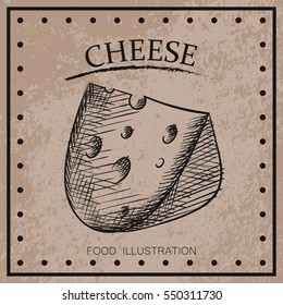 Graphic hand drawn cheese isolated on shabby background. Cheese sketch vector illustrator. Retro style
