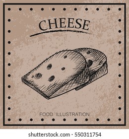 Graphic hand drawn cheese isolated on shabby background. Cheese sketch vector illustrator. Retro style