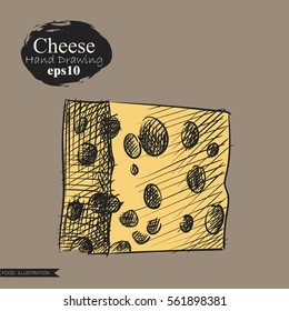 Graphic hand drawn cheese isolated on beige background. Cheese elements sketch vector illustrator. Retro style