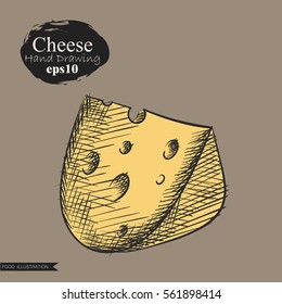 Graphic hand drawn cheese isolated on beige background. Cheese elements sketch vector illustrator. Retro style
