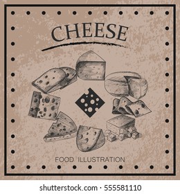 Graphic hand drawn cheese set isolated on shabby background. Cheese sketch vector illustrator. Retro style