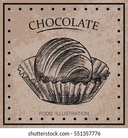 Graphic hand drawn chocolate candies isolated on shabby background. Chocolate sketch elements. Retro hand-drawn vector illustration