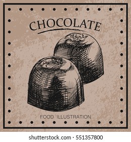Graphic hand drawn chocolate candies isolated on shabby background. Chocolate sketch elements. Retro hand-drawn vector illustration