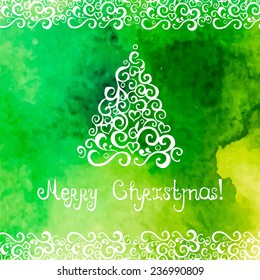 Graphic hand drawn Christmas tree on green watercolor background. Vector illustration