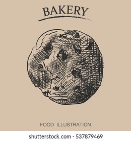 Graphic hand drawn crunchy chocolate chips. Bakery sketch vector illustrator. Retro style