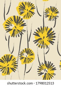 Graphic hand drawn dandelions. Vector seamless pattern. Abstract background.