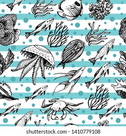 Graphic hand drawn decorative marine pattern. Manual graphics. Sketches. Sea animals, corals and algae. Endless ornament for a variety of decorative surfaces. Vector illustration. 