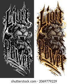 Graphic hand drawn detailed angry lion head with open mouth and sharp canines. Vector tattoo or logo sketch with text Lion Power.