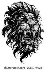 Graphic hand drawn detailed lion head with open mouth and sharp canines. Vector black and white tattoo or logo sketch.