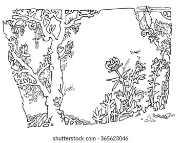 Graphic hand drawn forest, blue sky and a bat