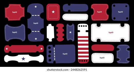 Graphic hand drawn frames with strokes, backgrounds for texts, backdrop stickers and labels in american flag colors with stripes and stars. Vector illustration, design element set.