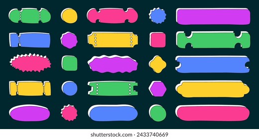 Grafische handgezeichnete Rahmen und Tickets mit Strichen, Hintergründe für Phrasen, Hintergrundaufkleber und bunte Etiketten. Vektor-Illustration, Design-Element-Set.