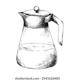 Graphic hand drawn glass teapot. Linear illustration of coffee server 