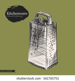 Graphic hand drawn grater isolated on green background. Kitchenware elements sketch vector illustrator. Retro style