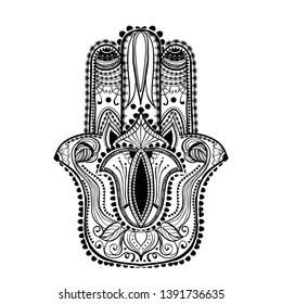 Graphic hand drawn hamsa in ethnic and boho style. Popular amulet.Vector illustration. Print could be used for yoga mat, phone case, textile.