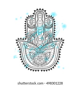 Graphic hand drawn hamsa in ethnic and boho style with watercolor splashes on background. Popular amulet.Vector illustration.