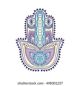 Graphic hand drawn hamsa in ethnic and boho style. Popular amulet.Vector illustration.