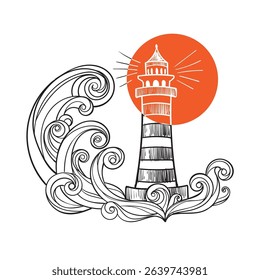 Graphic hand drawn image of a lighthouse with a sun in the background as a sign of hope in line art style