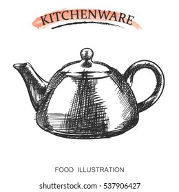 Graphic hand drawn kettle on white background. Kitchenware sketch vector illustrator.