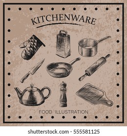 Graphic hand drawn kitchenware set isolated on shabby background. Kitchenware sketch elements. Retro hand-drawn vector illustration