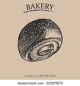 Graphic hand drawn loaf roll. Bakery sketch vector illustrator. Retro style