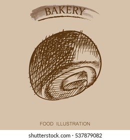 Graphic hand drawn loaf roll. Bakery sketch vector illustrator. Retro style