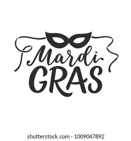 Graphic Hand Drawn Mardi Gras Louisiana New Orleans Carnival Poster / Image. Mardi Gras Lettering With Festival Mask. Fun Mystery Holidays Sign Design. Handwritten Festive Vector Illustration Icon