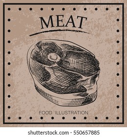 Graphic hand drawn meat isolated on shabby background.  meat products sketch elements. Retro hand-drawn vector illustration