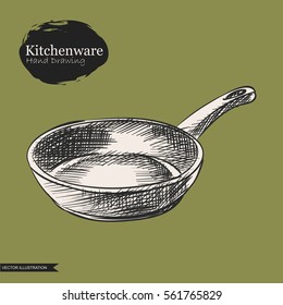 Graphic hand drawn pan isolated on green background. Kitchenware elements sketch vector illustrator. Retro style