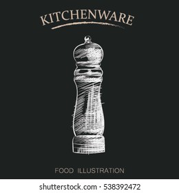 Graphic hand drawn pepperbox shaker on blackboard. Kitchenware sketch vector illustrator. Chalkboard