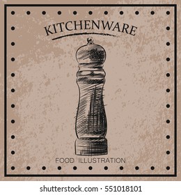 Graphic hand drawn pepperbox shaker isolated on shabby background. Kitchenware sketch elements. Retro hand-drawn vector illustration