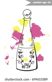 Graphic hand drawn perfume bottle with fragrance splashes. Element for fashion logo design, decoration, magazine, shop and salon banner, poster, advertising, fabric print, sticker.